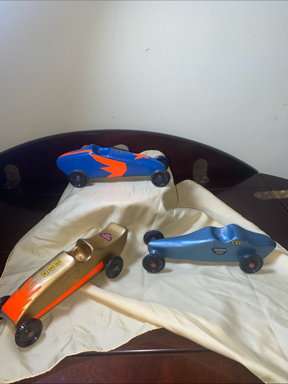 (3) - 1950’s handcrafted Pinewood Derby racing cars